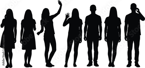 Diverse group of people silhouettes waving talking and standing on white background male female