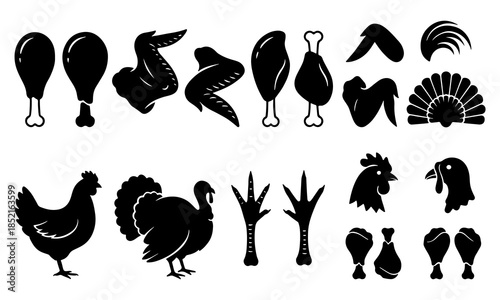 Collection of various meat and poultry silhouettes isolated on transparent background