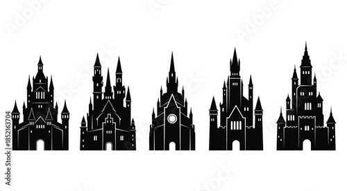 Five black silhouette castles with pointed towers and arched doorways white background medieval