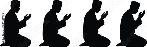 Four black silhouettes of men praying with hands raised on white background muslim prayer