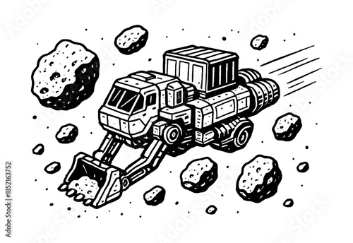Space mining truck, asteroids, exploration, flat vector illustration in monochrome