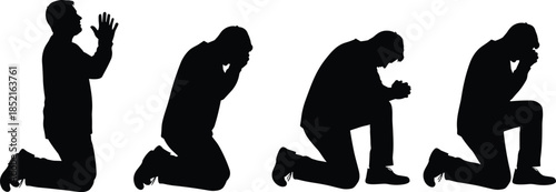 Four black silhouettes of men kneeling and praying on white background hands clasped