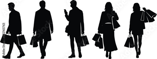 Five black silhouettes of people carrying shopping bags on white background vector