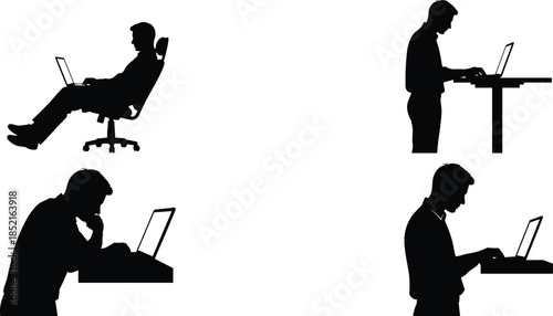Four black silhouettes of men using laptops in different poses computer working