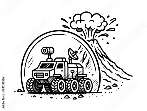 Mars rover exploration, flat vector illustration, space, satellite, volcano