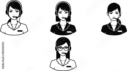 Four stylized female customer service avatars wearing headsets and blazers microphone