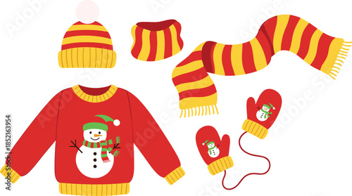 Red and yellow striped winter clothing with snowman designs scarf mittens