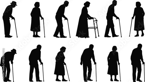 Silhouette Collection of Elderly People Walking with Canes and Walker senior