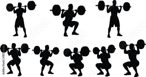 Silhouettes of a man performing barbell squats in various stages of the exercise weightlifting