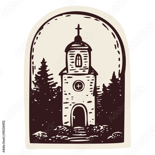 Little wayside pilgrimage chapel for camino passport stamp. Hand drawn black and white religious clip art for St James pilgrims way with scallop shell. For retreat faith based travel 