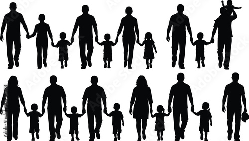 Silhouettes of families holding hands walking together family people
