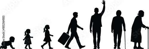 Silhouettes of human life stages from crawling baby to elderly person with cane child girl