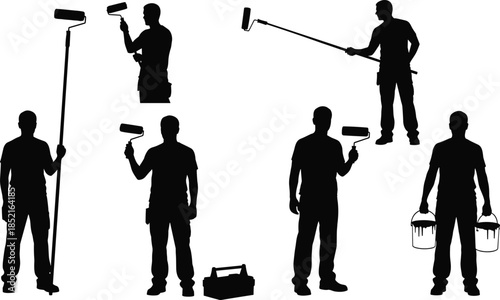 Silhouettes of men holding paint rollers and buckets with paint painter painting
