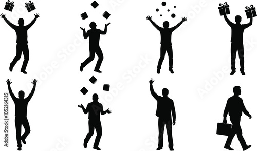 Silhouettes of men juggling gifts boxes balls and walking with briefcase male