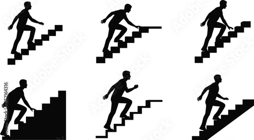Silhouettes of men climbing stairs in various poses and directions steps