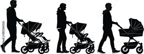 Silhouettes of people pushing strollers with babies and children woman baby