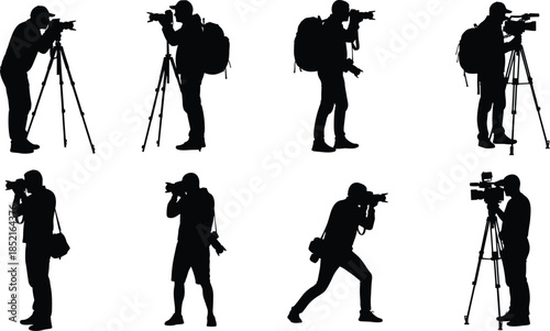 Silhouettes of photographers and videographers with cameras and tripods video camera