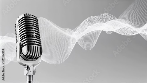 Vintage microphone with dynamic sound waves in modern studio setting