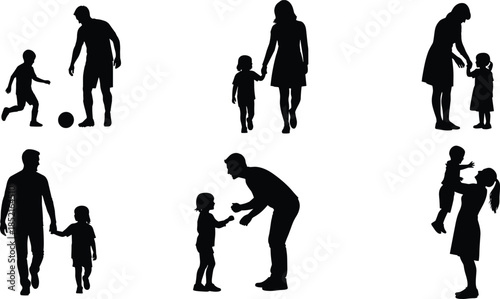 Six black silhouettes of parents and children interacting on white background family father