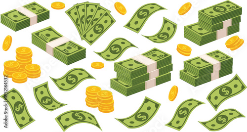 Stacks of green dollar bills and gold coins scattered on white background money cash