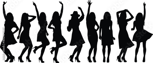 Silhouettes of women dancing and posing in dresses and heels party