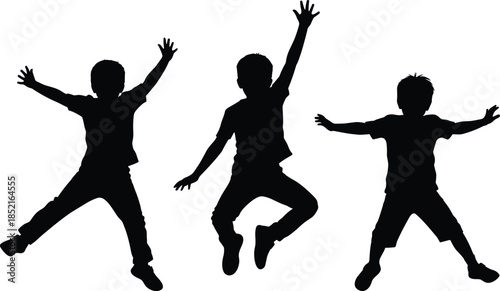 Three black silhouette boys jumping and raising arms on white background child