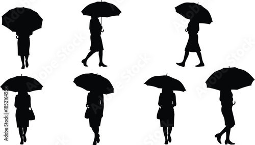 Silhouettes of women holding umbrellas and carrying bags in various poses woman female