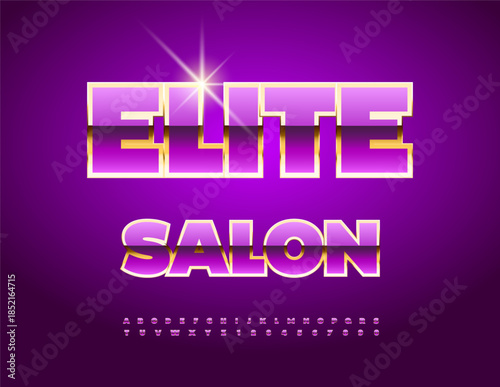 Vector Trendy signboard Elite Salon. Luxury Violet and Gold Font. Glamorous Alphabet Letters and Numbers set.