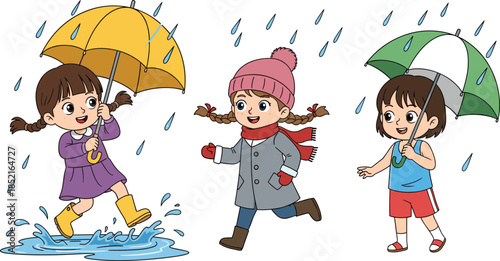 Three cartoon girls with umbrellas in the rain splashing in puddles child