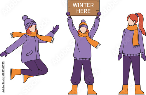 Three cartoon women in winter clothing jumping holding sign and standing woman girl