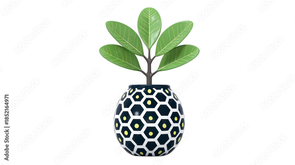 Obraz premium Green leaf plant in geometric black and white ceramic pot, modern home decor, isolated on transparent background, fresh and stylish interior accent
