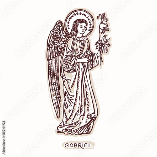 Angel Gabriel with wings and holding lily flowers for annunciation motif. Hand drawn black and white vector motif for bible study aesthetic for women journaling archangel gabriel holy faith graphic