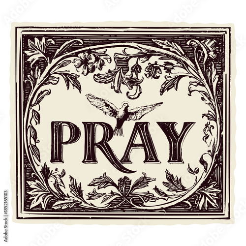 Beautiful pray lettering with Holy Spirit dove clip art for church newsletter or bible studies for women. Hand drawn black and white text. Contemplative prayer request motif for bible journaling.