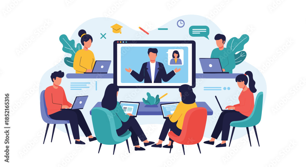 Fototapeta premium Diverse team collaborating effectively using technology for virtual meetings and project management.