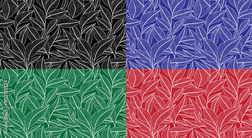 Seamless pattern of stylized leaves in four different color palettes black, blue, green, and red, ideal for digital backgrounds and design projects