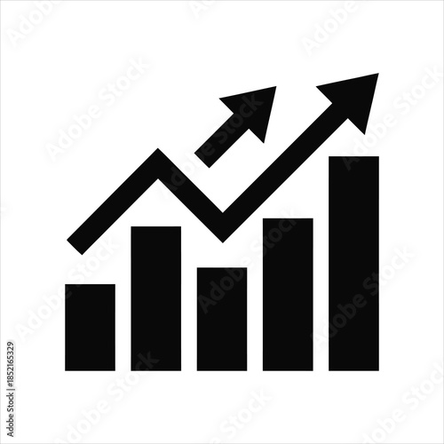 A vector icon showing a bar chart with rising arrows, representing business success and positive market trends