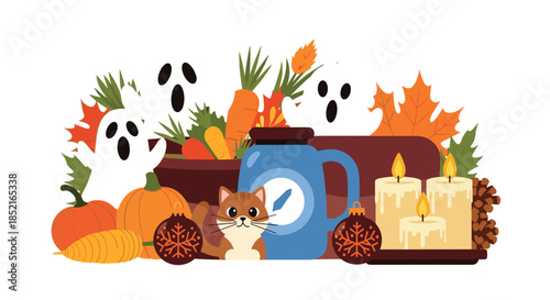 A cozy autumn scene with pumpkins, ghosts, and warm candlelight.
