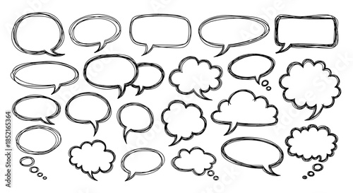 Collection of hand-drawn speech bubbles and thought clouds in various shapes and sizes.