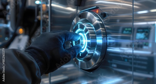 Hand in Safety Glove Operates Illuminated Valve on Modern Machine