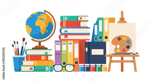 A vibrant assortment of educational and artistic supplies is neatly arranged showcasing learning and creativity.