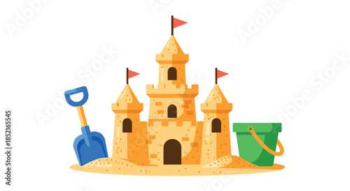 Building an impressive sandcastle with a bucket and shovel on the beach.