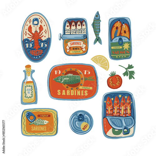 Sardina isolated vector pattern with vintage seafood cans fish oil lemons retro illustration