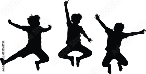 Three black silhouettes of children jumping and raising arms in joy vector