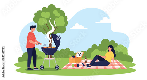 A couple enjoys a delightful summer barbecue in a park with food and drinks spread out on a checkered blanket.