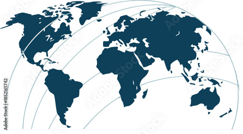 World map with curved projection and grid lines in dark blue and white on transparent background global cartography design