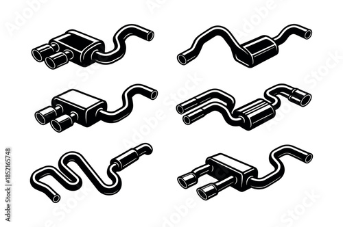 Exhaust system vector illustration set, automotive pipes, mufflers, flat vector style