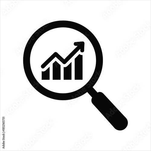 A vector icon showing a magnifying glass focused on a rising bar chart, representing financial research, stock monitoring, or data analysis