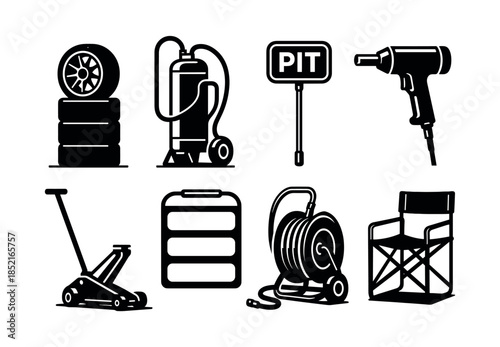 Automotive tools collection, flat vector illustration, tire, air hose, pit stop sign