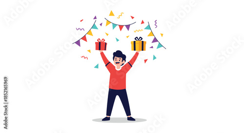 Excited person holding gift boxes with confetti and festive banners overhead.