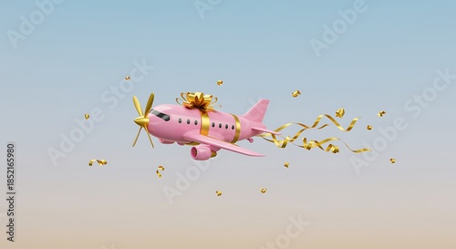 Pink Airplane with Golden Ribbon and Confetti Celebration in the Sky
